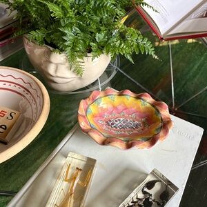 MacKenzie-Childs Pink and Yellow Ruffled Ceramic Trinket Dish